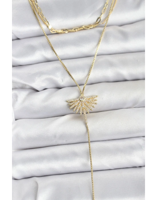 Pirinç Gold Renk Zirkon Taşlı Yelpaze Model Detaylı 3lü Kombin Y Kadın Kolye