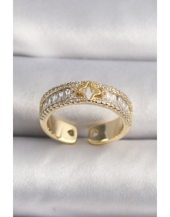 Pirinç Gold Renk Zirkon Taşlı Yıldız İşleme VIP Seri Kadın Yüzük