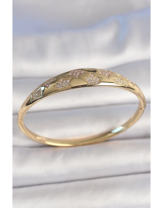 Pirinç Gold Renk Zirkon Taşlı Yıldız İşlemeli Kadın Kelepçe