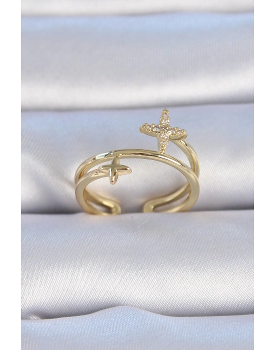 Pirinç Gold Renk Zirkon Taşlı Yıldız Model Kadın Yüzük