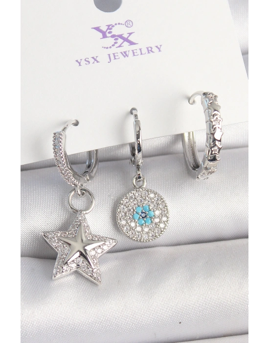 Pirinç Gold Renk Zirkon Taşlı Yıldız Model Nazar Boncuk Detay 3Lü Kadın Kombin Küpe