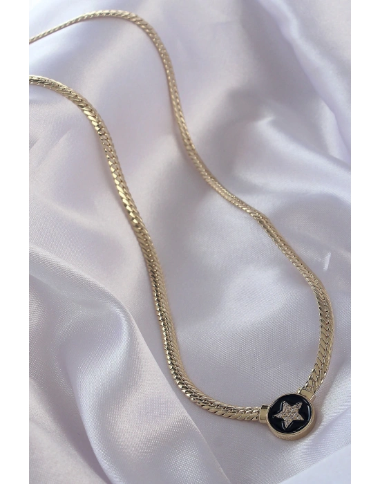 Pirinç Gold Renk Zirkon Taşlı Yıldız Model Siyah Mineli Ezme Zincirli Serenay Kolyesi