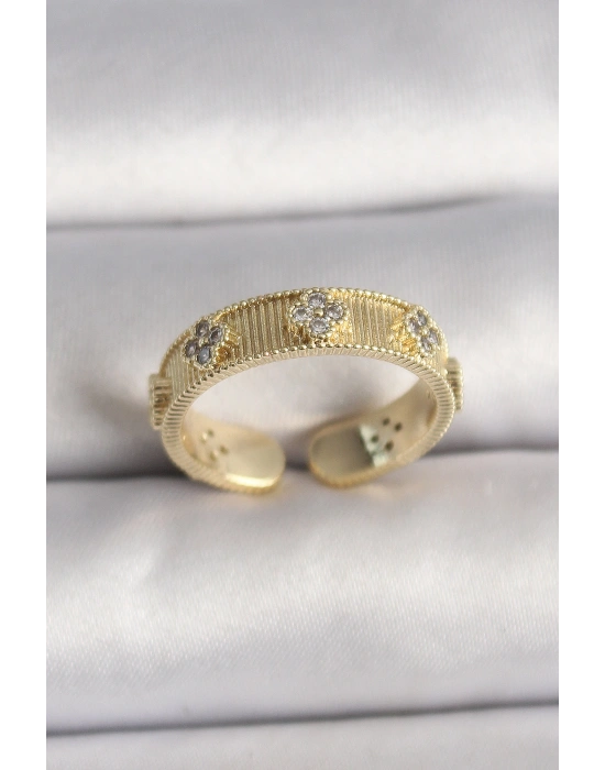 Pirinç Gold Renk Zirkon Taşlı Yonca İşlemeli Ayarlanabilir Yüzük