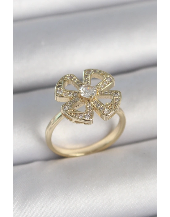 Pirinç Gold Renk Zirkon Taşlı Yonca Model Ayarlanabilir Kadın Yüzük