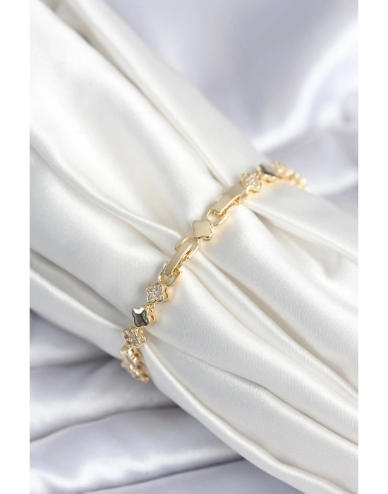 Pirinç Gold Renk Zirkon Taşlı Yonca Model Kadın Bileklik