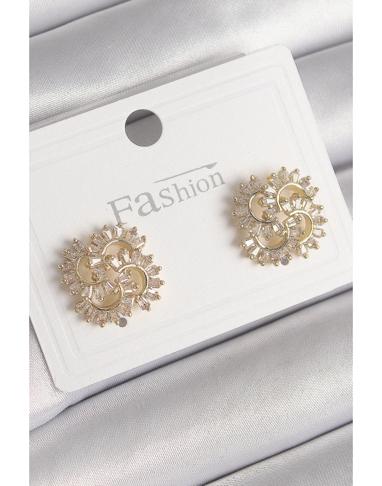 Pirinç Gold Renk Zirkon Taşlı Yonca Model Kadın Küpe