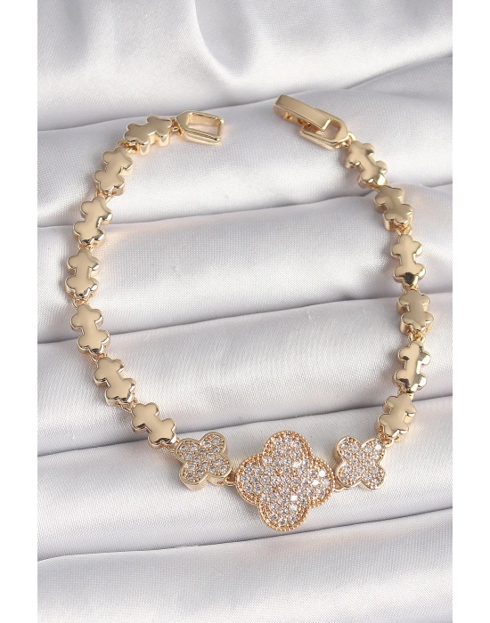 Pirinç Gold Renk Zirkon Taşlı Yonca Model Zincir Kadın Bileklik