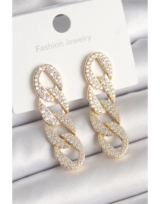 Pirinç Gold Renk Zirkon Taşlı Zincir Model Kadın Küpe