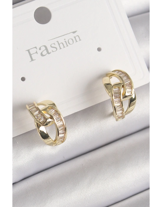 Pirinç Gold Renk Zirkon Taşlı Zincir Model Kadın Küpe