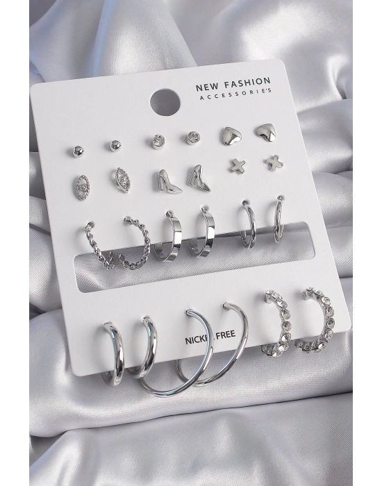 Pirinç Gümüş Renk 12 Çift Kadın Küpe Seti