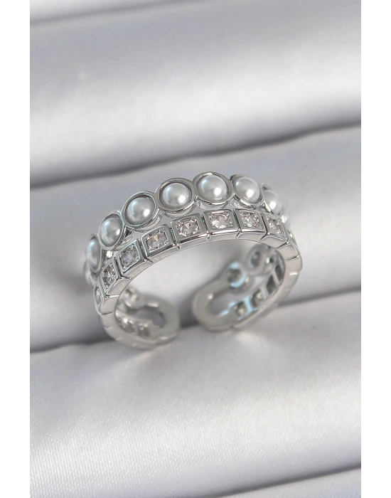 Pirinç Gümüş Renk 2Li Sıra Zirkon Taşlı Ve İncili Ayarlanabilir Kadın Yüzük