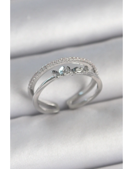 Pirinç Gümüş Renk 2Li Zirkon Taş Detaylı Kelebek Figür Ayarlanabilir Model Kadın Yüzük