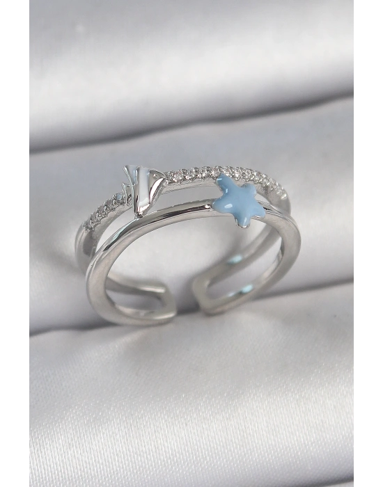 Pirinç Gümüş Renk 2Li Zirkon Taşlı Mavi Yıldız Figür Ayarlanabilir Kadın Yüzük