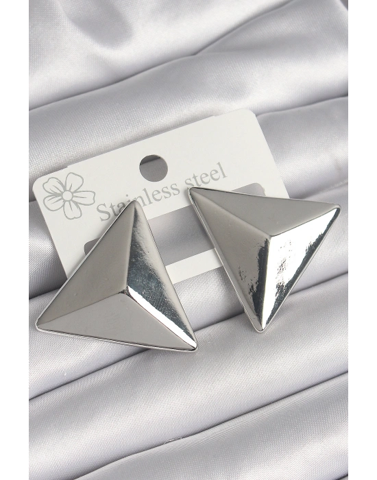 Pirinç Gümüş Renk 3D Üçgen Model Kadın Küpe