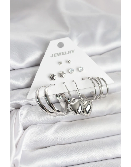 Pirinç Gümüş Renk 6 Çift Kadın Küpe Seti