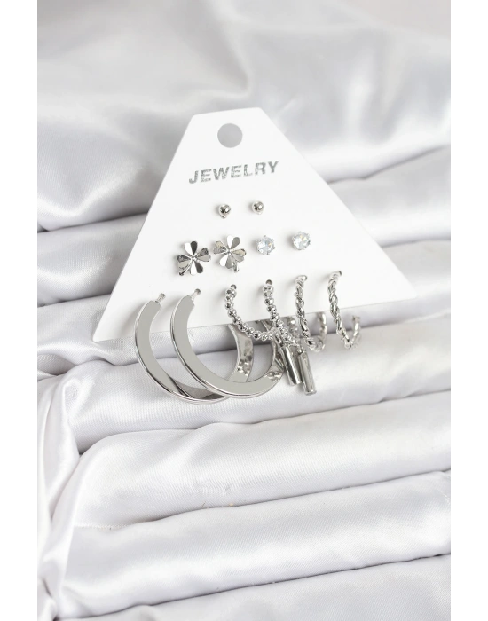 Pirinç Gümüş Renk 6 Çift Kadın Küpe Seti