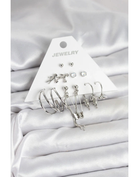 Pirinç Gümüş Renk 6lı Kadın Küpe Seti