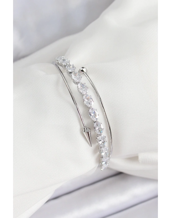 Pirinç Gümüş Renk Arpa Zirkon Taşlı Kadın Bileklik