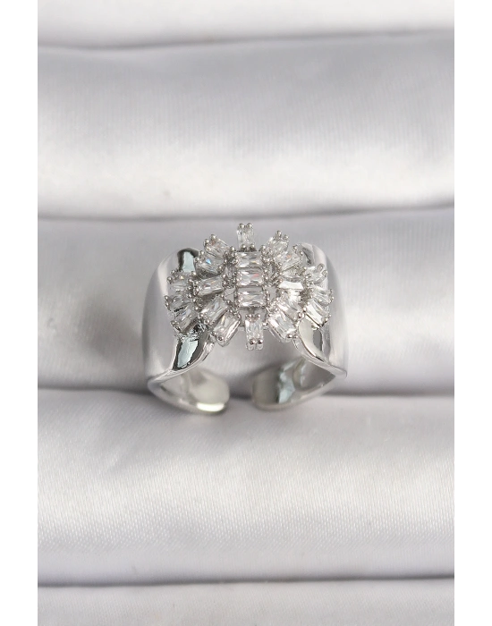 Pirinç Gümüş Renk Ayarlanabilir Baget Zirkon Taş Model Kadın Yüzük