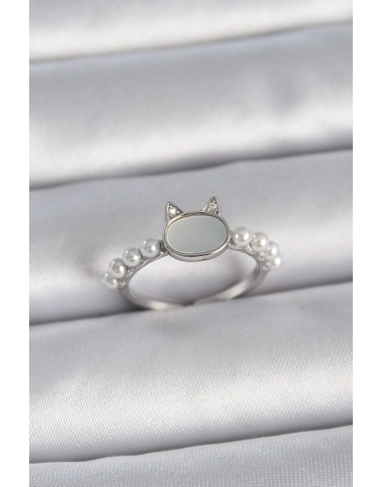 Pirinç Gümüş Renk Ayarlanabilir Beyaz Mineli Kedi Model İnci Detay Kadın Yüzük