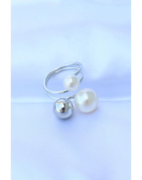 Pirinç Gümüş Renk Ayarlanabilir İnci Taşlı Yüzük