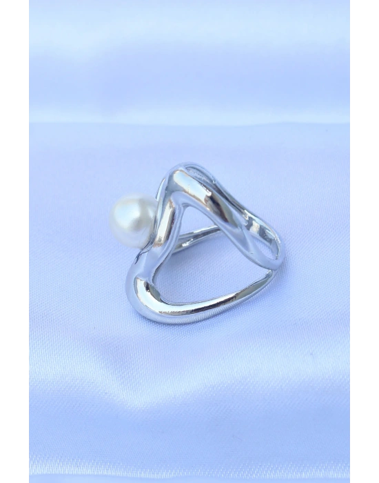 Pirinç Gümüş Renk Ayarlanabilir İnci Taşlı Yüzük