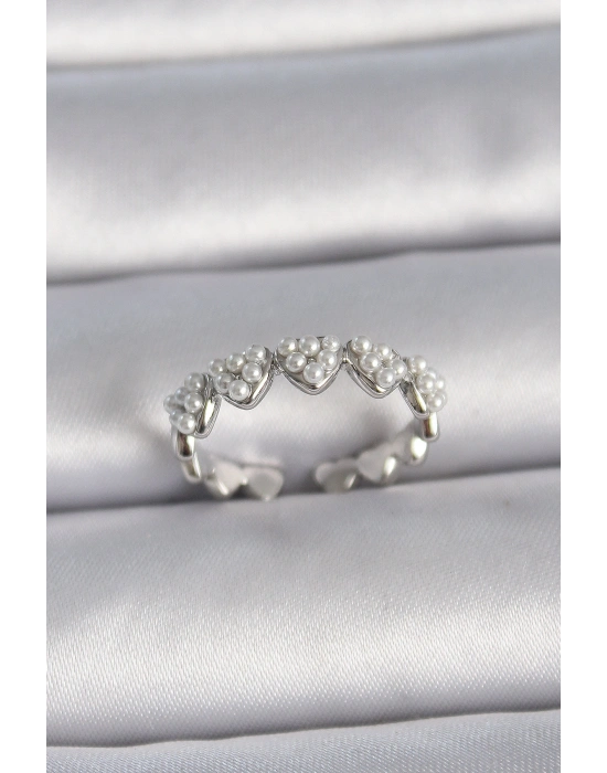 Pirinç Gümüş Renk Ayarlanabilir İncili Kalp Model Kadın Yüzük