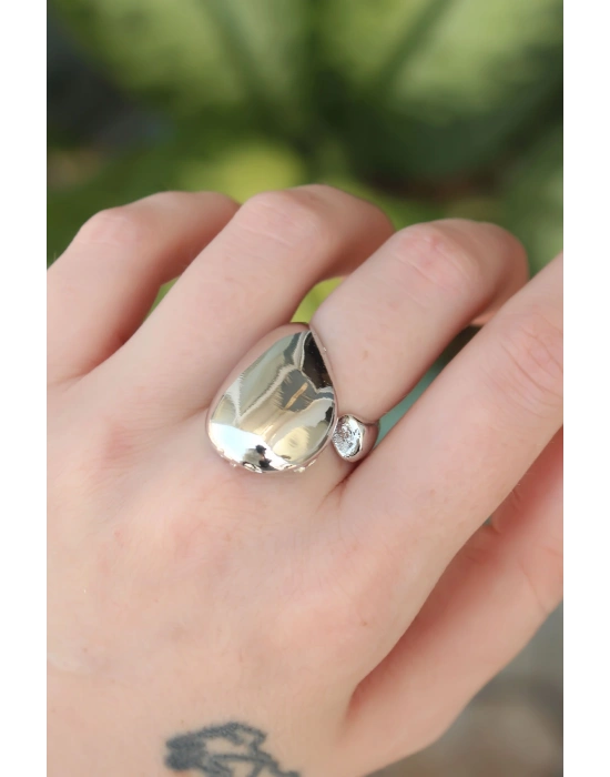 Pirinç Gümüş Renk Ayarlanabilir İri Bombeli Yüzük