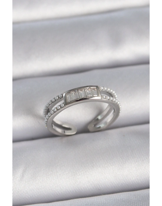 Pirinç Gümüş Renk Ayarlanabilir Sıralı İncili Zirkon Taşlı Kadın Yüzük