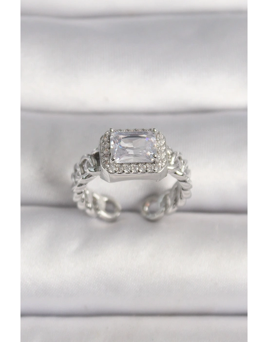 Pirinç Gümüş Renk Ayarlanabilir Zincir Kare Zirkon Taşlı Kadın Yüzük