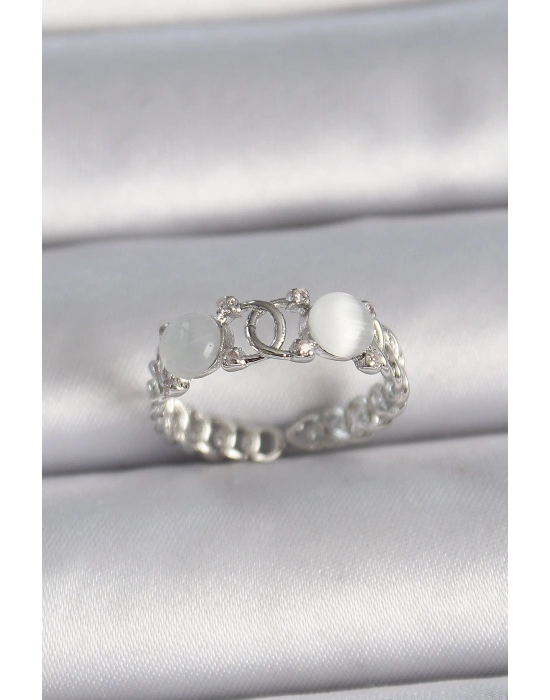 Pirinç Gümüş Renk Ayarlanabilir Zirkon Taşlı Beyaz Mineli Birleşik Halka Model Kadın Yüzük