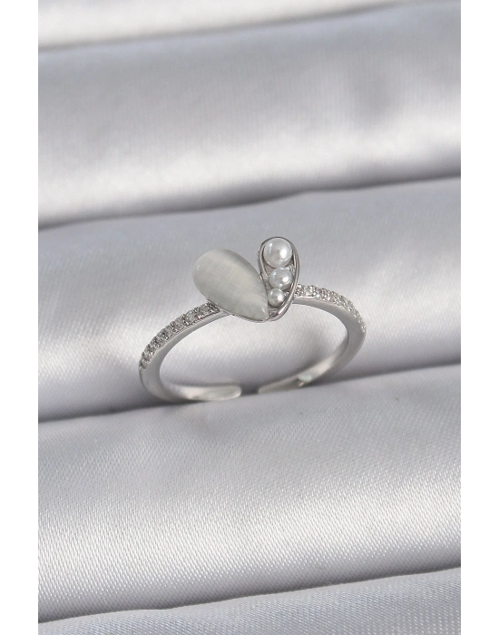 Pirinç Gümüş Renk Ayarlanabilir Zirkon Taşlı İncili Beyaz Mineli Kalp Model Kadın Yüzük