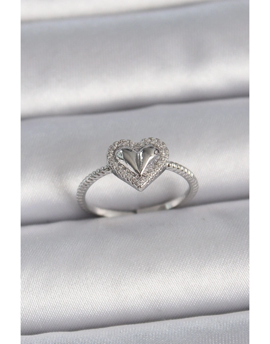 Pirinç Gümüş Renk Ayarlanabilir Zirkon Taşlı Kalp Model Kadın Yüzük