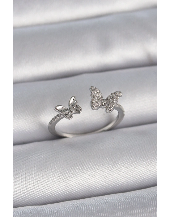 Pirinç Gümüş Renk Ayarlanabilir Zirkon Taşlı Kelebek Model Kadın Yüzük