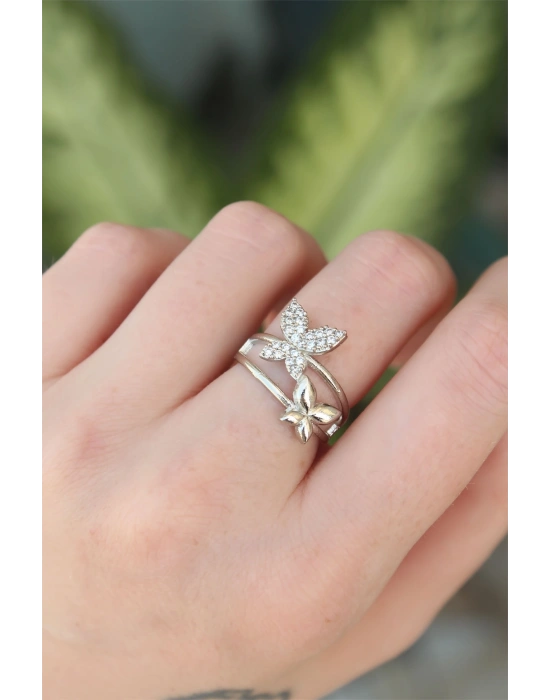 Pirinç Gümüş Renk Ayarlanabilir Zirkon Taşlı Kelebek Yüzük