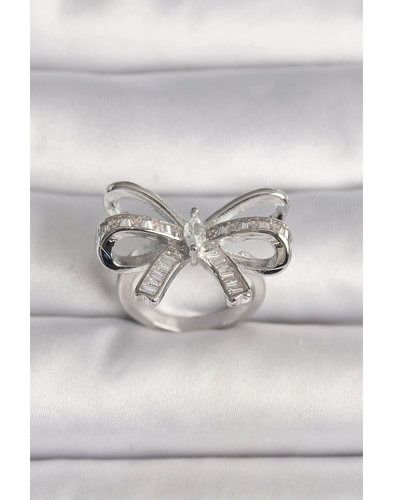 Pirinç Gümüş Renk Ayarlanabilir Zirkon Taşlı Kurdele Model Kadın Yüzük