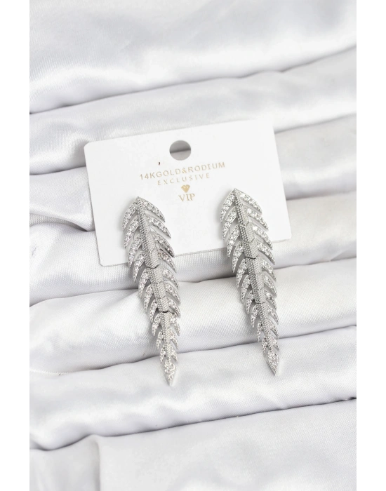 Pirinç Gümüş Renk Balık Sırtı Model Zirkon Taşlı Kadın Küpe