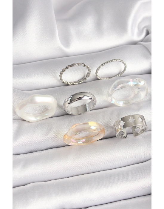 Pirinç Gümüş Renk Beyaz Akrilik Plastik Model Kutup Yıldız İşleme Detaylı Kadın Yüzük Kombini