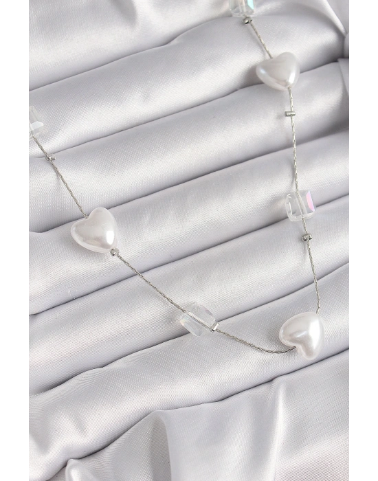 Pirinç Gümüş Renk Beyaz İnci Kalp Model Kadın Kolye