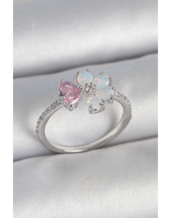 Pirinç Gümüş Renk Beyaz Mineli Pembe Zirkon Taşlı Çiçek Model Kadın Yüzük