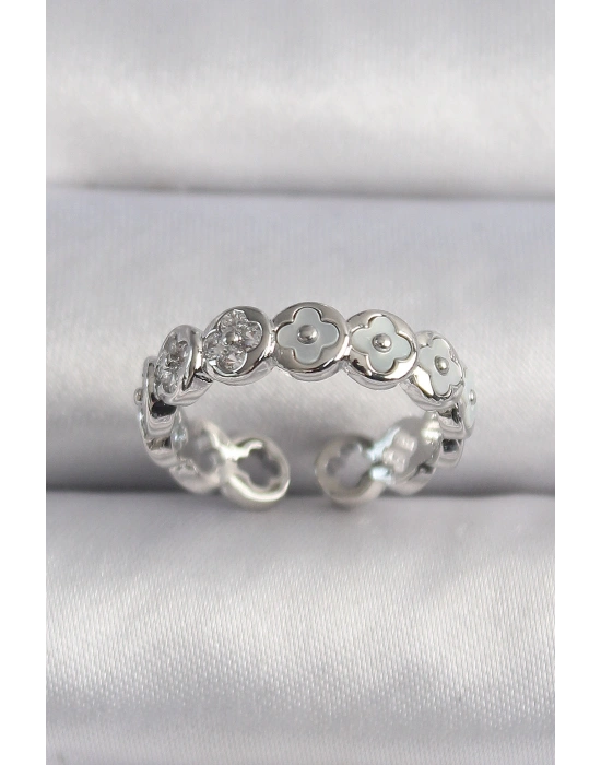 Pirinç Gümüş Renk Beyaz Sedefli Yonca Model Kadın Yüzük