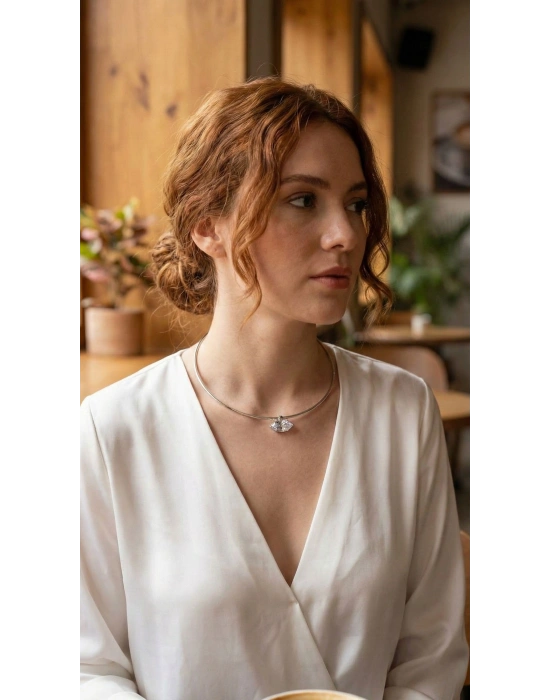 Pirinç Gümüş Renk Choker Model Zirkon Taşlı Kadın Kolye