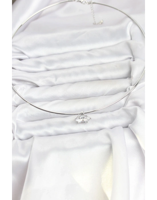 Pirinç Gümüş Renk Choker Model Zirkon Taşlı Kadın Kolye