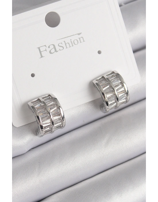 Pirinç Gümüş Renk Çift Sıra Zirkon Taşlı Kadın Küpe