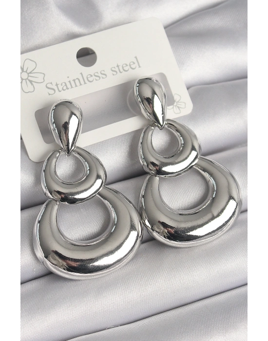 Pirinç Gümüş Renk Damla Detay Sallantı Halka Model Kadın Küpe