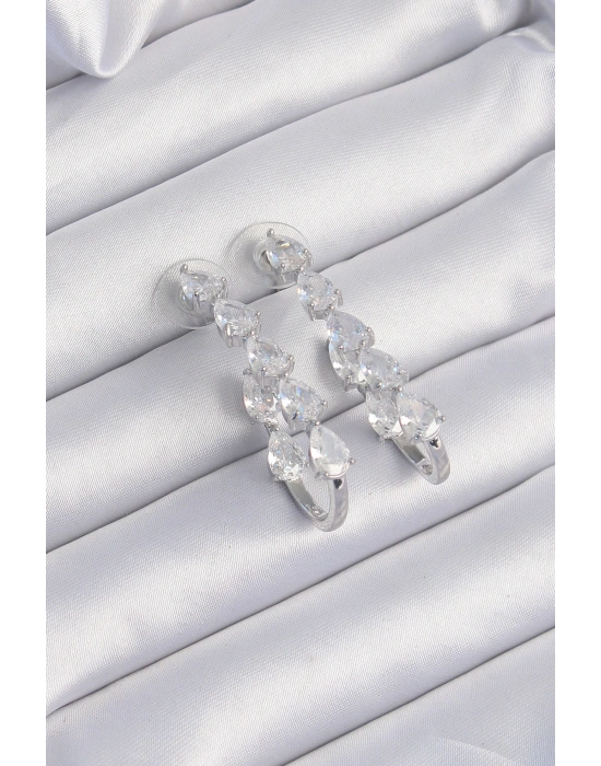 Pirinç Gümüş Renk Damla Zirkon Taş Tasarımlı Küpe