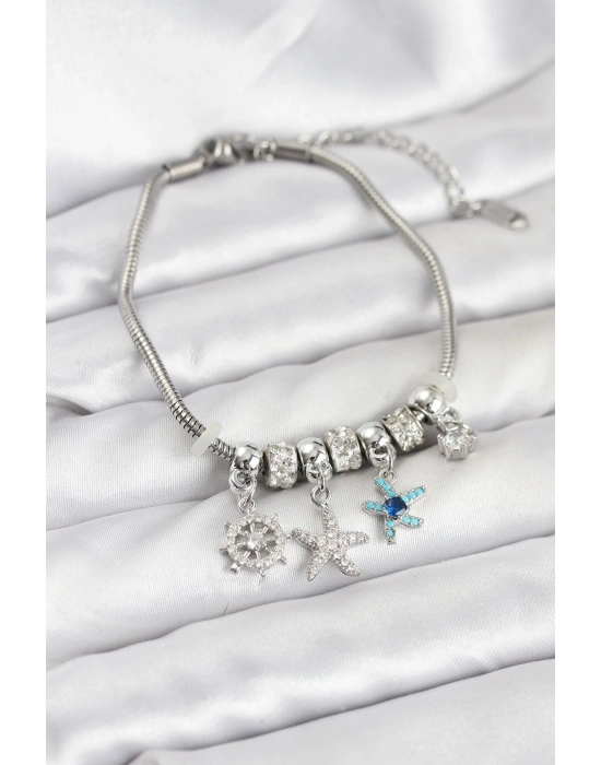 Pirinç Gümüş Renk Deniz Tema Charmlı Kadın Bileklik