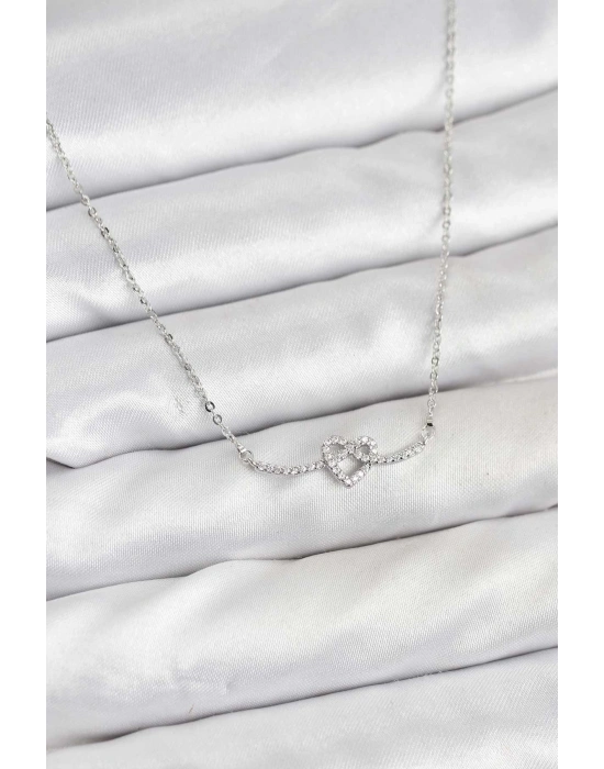 Pirinç Gümüş Renk Düğüm Kalp Model Kadın Kolye