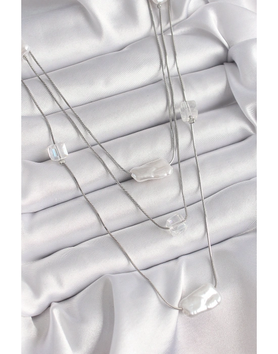 Pirinç Gümüş Renk Ezme İnci Model Çoklu Kadın Kolye