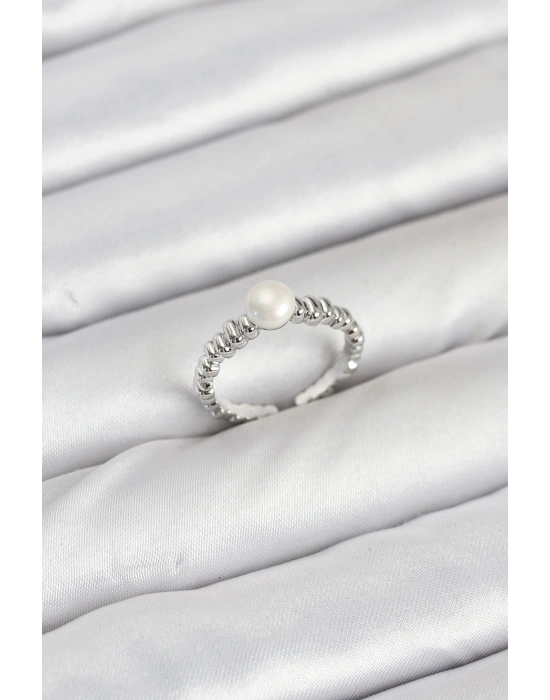Pirinç Gümüş Renk Göbek İnci Model Kadın Yüzük
